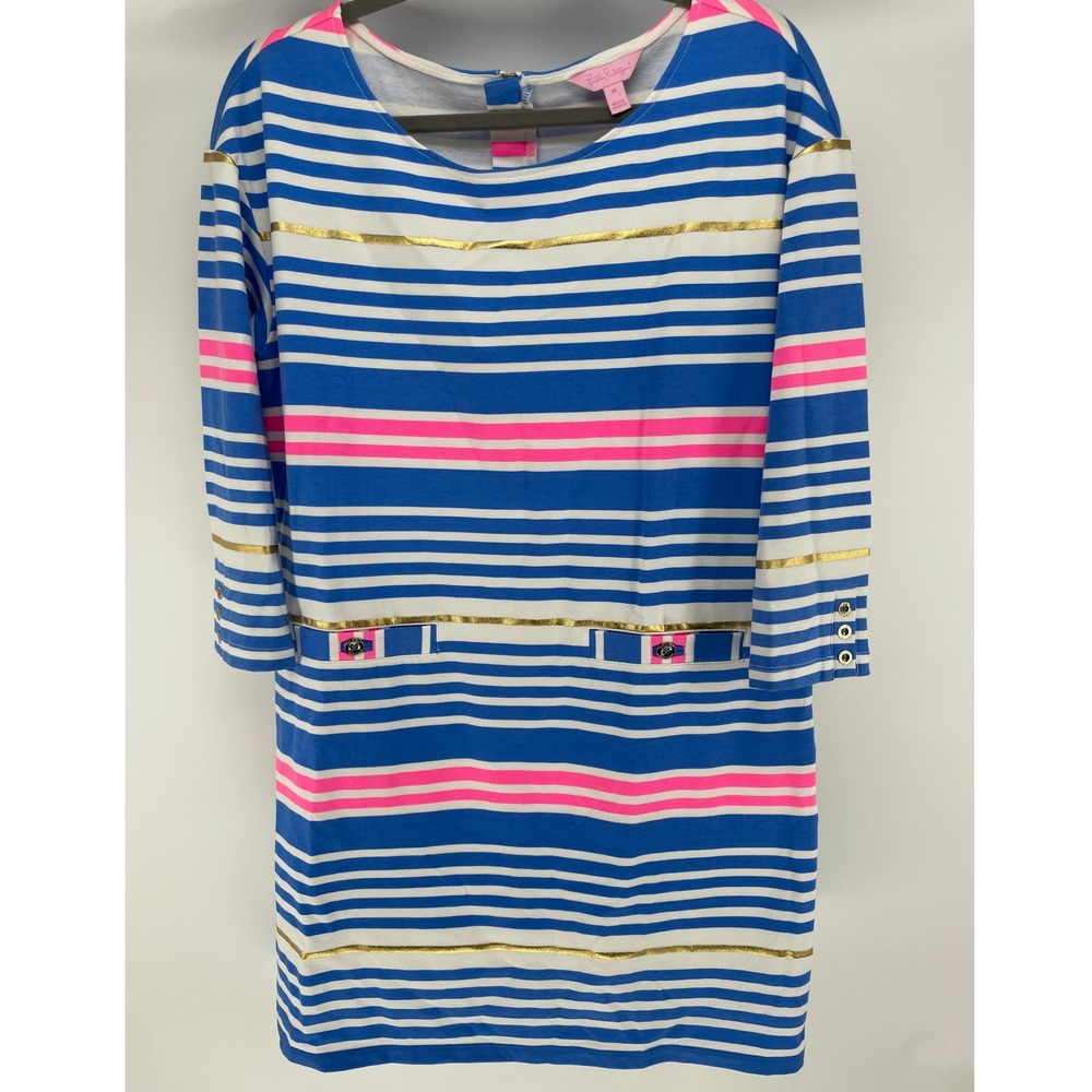 Lilly Pulitzer Shift Dress Womens M Blue Striped Gold Metallic Pink Excellent